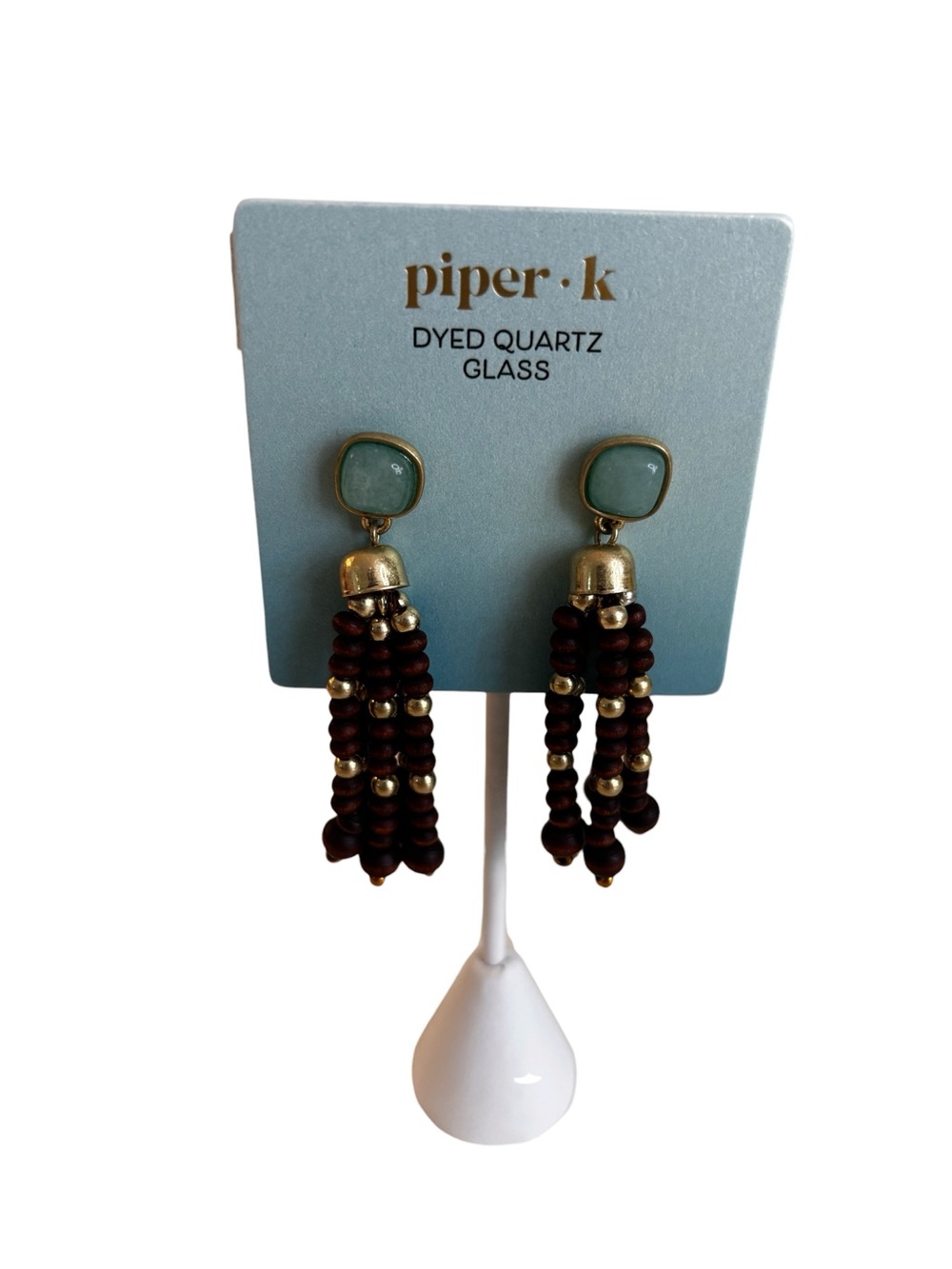 Piper• k Beautiful Mint Green Quartz & Brown Beaded Tassel Dangle Earrings.